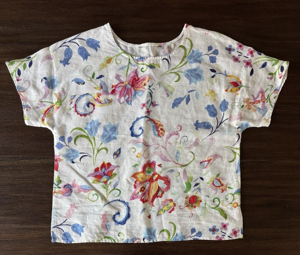 100% Linen Top Shirt Women’s Small Utopia Print Colorful Crisp